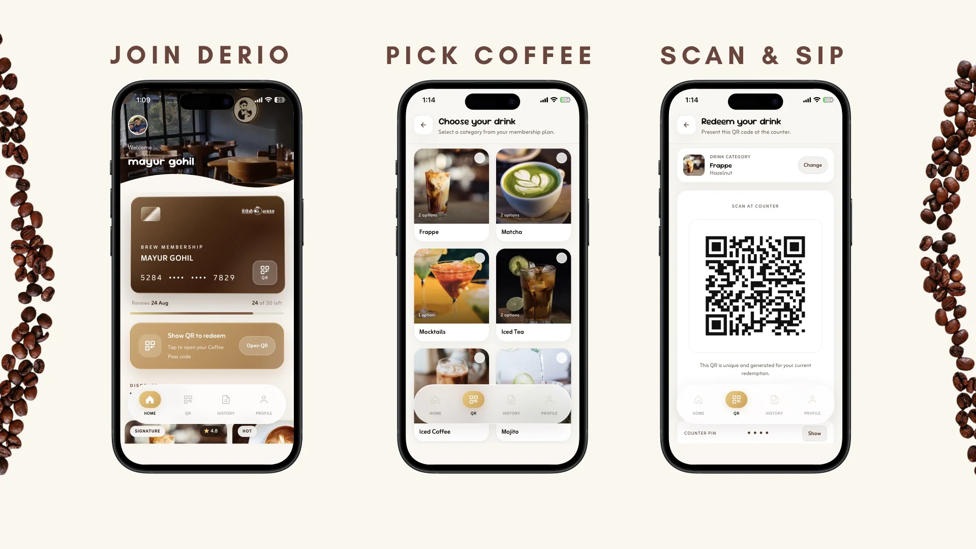 Derio member app showing Join Derio, Pick Coffee, and Scan and Sip